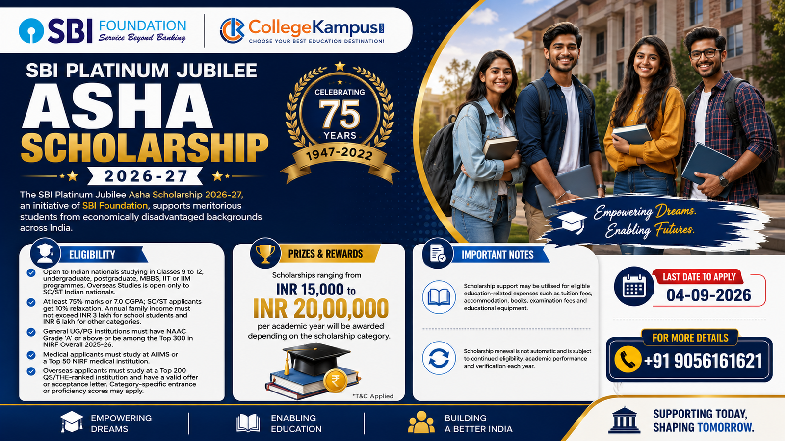 SBI Platinum Jubilee Asha Scholarship 2026-27: Eligibility, Amount, Application Process, Last Date & Selection