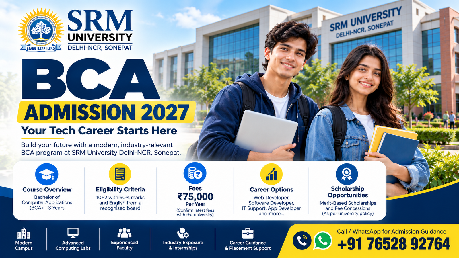 SRM University Sonepat BCA Admission 2027: Fees, Eligibility & Career Options | Admission Helpline 1 BCA